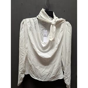 Topshop white blouse long sleeve size 8 bowtie neck NEw career VNeck